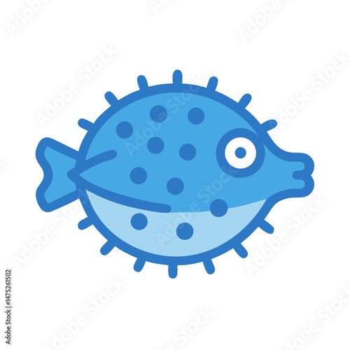Stylized cartoon pufferfish with blue tones on a black background