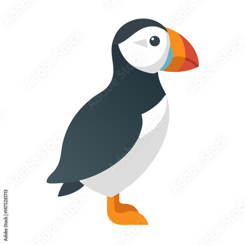 Flat stylized Atlantic puffin illustration on a black background