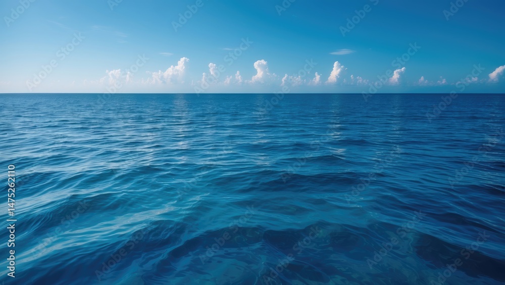 Fototapeta premium Calm water surface of the ocean showing ripples and a small cloud in the blue sky background