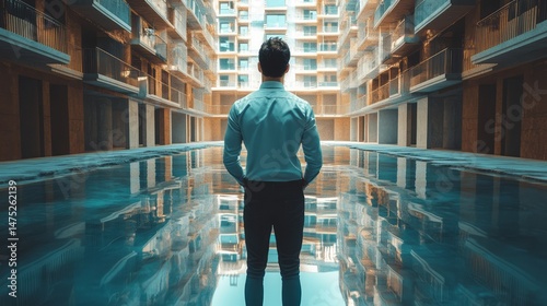Man contemplates the architecture within a modern pool.