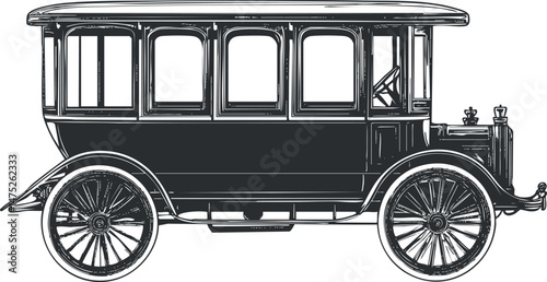 Black and white side view illustration of a vintage classic automobile from the early 20th century.
