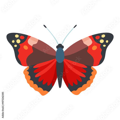 Flat vector illustration of a red admiral butterfly insect