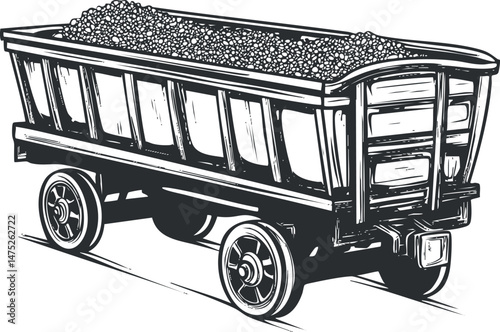 Black and white illustration of a miner cart filled with coal used for transporting minerals in mining operations