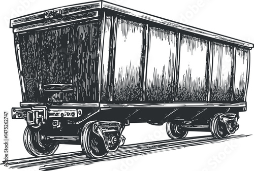 Black and white sketch of a heavy-duty freight railcar for transporting goods on railway tracks