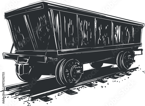 Illustration of an empty freight railcar on railway tracks used for transporting goods and cargo