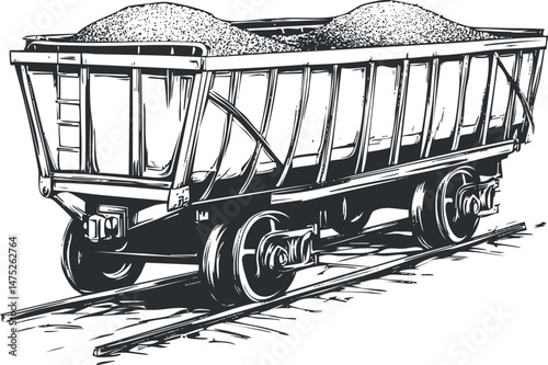Detailed black and white drawing of a loaded freight railcar on railway tracks for industrial transport
