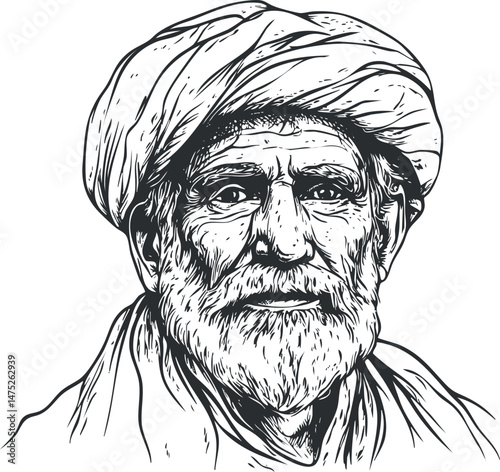 Black and white sketch of an elderly man with a beard wearing a traditional turban and cloak