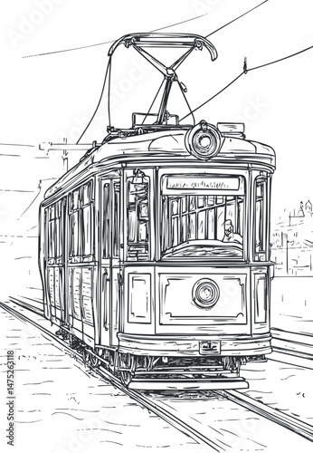 Black and white line drawing of a vintage tram or streetcar traveling on railway tracks in an urban setting