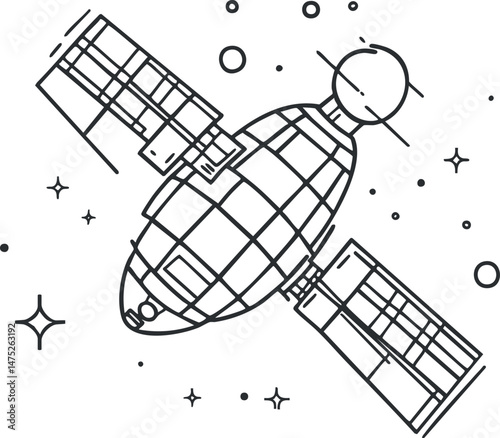 Black and white line art illustration of a satellite with solar panels orbiting in outer space surrounded by stars and planets