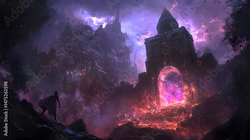 Dark Fantasy Gateway: A lone figure cloaked in shadow approaches an ancient, fiery gateway within a dark fantasy castle ruin under a stormy, purple sky. 