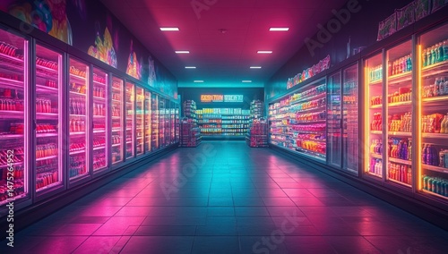Supermarket aisle with a colorful neon glow