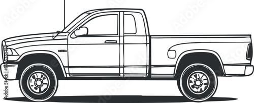 Side view illustration of a pickup truck with extended cab and cargo bed in black and white line art style