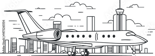 Line art illustration of a private jet airplane parked on runway with city skyline and airport control tower in background