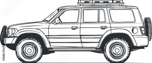 Black and white side view sketch of an offroad SUV vehicle with roof rack and spare wheel