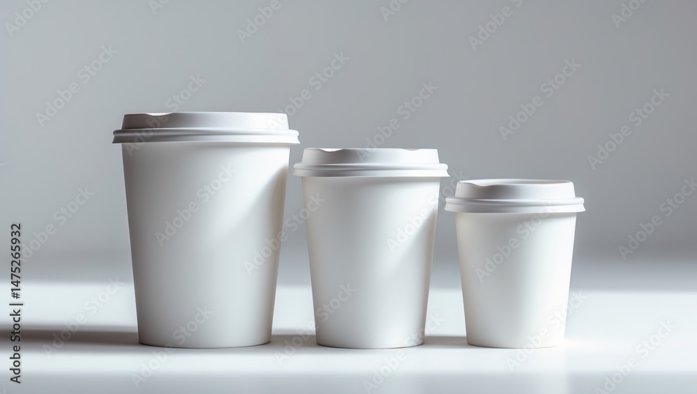 Large, medium, and small white paper coffee cups for takeaway, blank and isolated on background Large, medium, and small white paper coffee cups for takeaway, blank and isolated on background