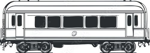 Black and white illustration of a passenger train carriage with windows and doors used for rail transportation.