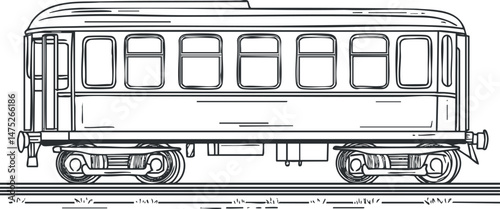 Black and white line drawing of a vintage passenger train car on railway tracks side view
