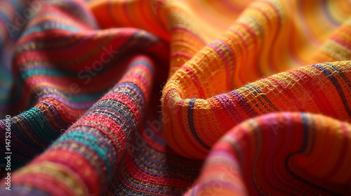 Colorful Striped Fabric Texture in Warm Tones of Orange Red and Yellow Close Up View
