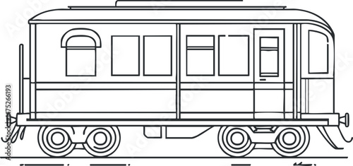 Black and white line drawing of a vintage railway railcar viewed from the side on railroad tracks.