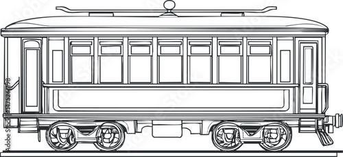 Black and white line art illustration of a vintage passenger railcar side view for transport and travel themes