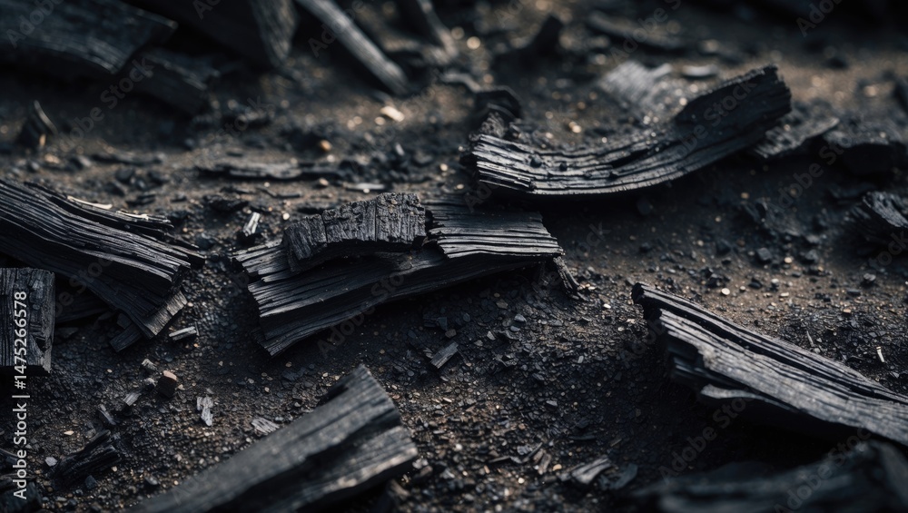 A macro perspective of deep, charred wood shards mixed with earth, revealing a textured surface rich in earthy and ashy tones. A macro perspective of deep, charred wood shards mixed with earth, revealing a textured surface rich in earthy and ashy tones.