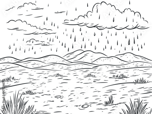 Black and white line art illustration of a rainy landscape with clouds, mountains, and grass