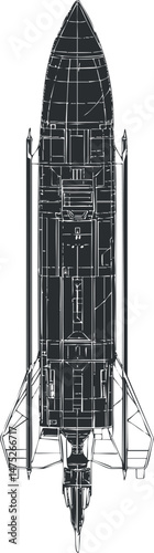 Top view blueprint illustration of a rocket spacecraft showing technical details and structure