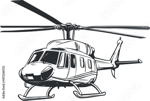 Black and white sketch of a helicopter flying with detailed rotor blades and cockpit visible