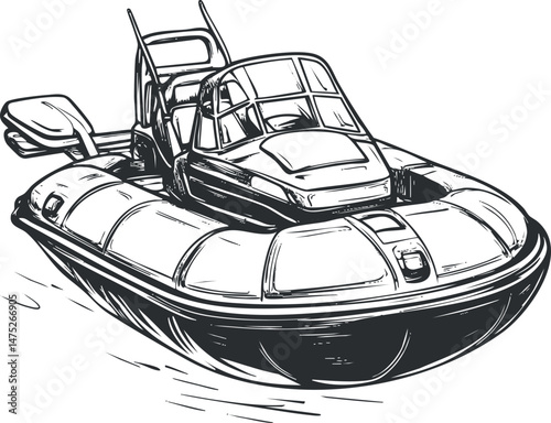 Detailed black and white sketch of a hovercraft vehicle floating on water with visible cockpit and engine