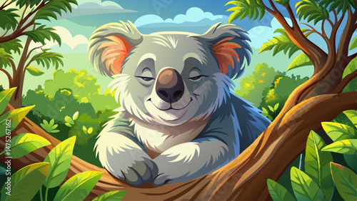Koala peacefully napping high in a eucalyptus tree during a sunny afternoon in the forest