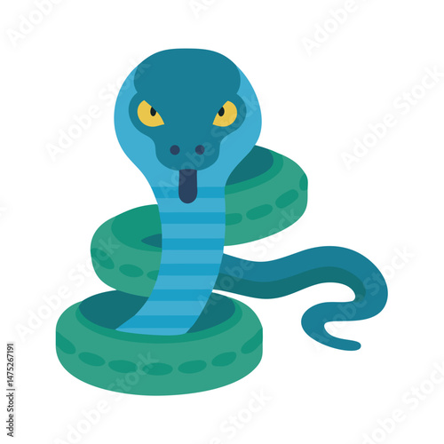 Flat vector illustration of a coiled turquoise snake on black