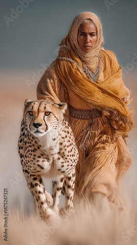 A cheetah runs in perfect sync with an African woman, the wind swirls and dust rises.