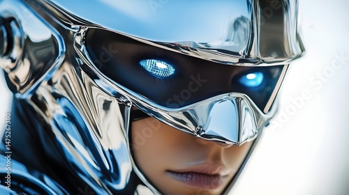 Futuristic Gaze: An artistic, close-up portrayal of a person wearing a sleek, reflective, metallic futuristic helmet, with glowing blue eyes, evoking a sense of advanced technology.