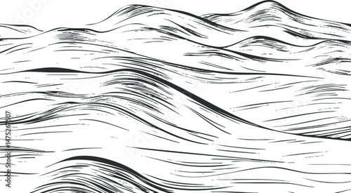 Black and white line art illustration of a desert landscape with sand dunes and natural contours