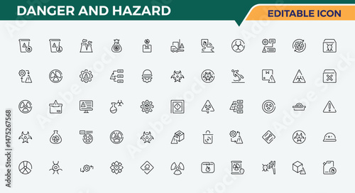 Danger line icon set. Included exclamation, notification, caution, Hazard, aware, advice and more. Warning icon. Collection for mobile and web apps. Editable stroke collections.