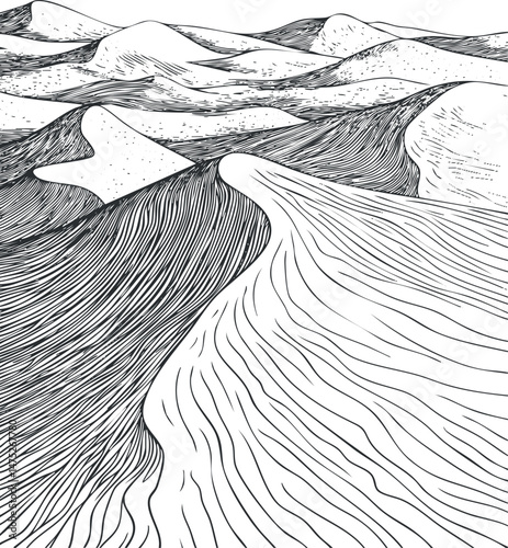 Black and white line art illustration of sand dunes in a desert landscape with wavy patterns and textures