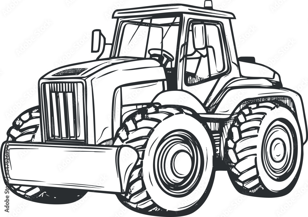 Naklejka premium Black and white line drawing of a large tractor used for farming and agricultural work