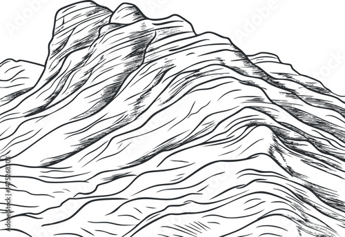 Black and white sketch of a mountain ridge with detailed line work showing terrain and elevation