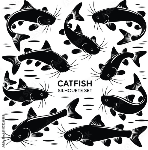 Detailed Catfish Silhouette Set | Freshwater Fish Vector Icons Catfish Silhouettes Collection | Fishing, River Fish, Aquatic Graphic Pack