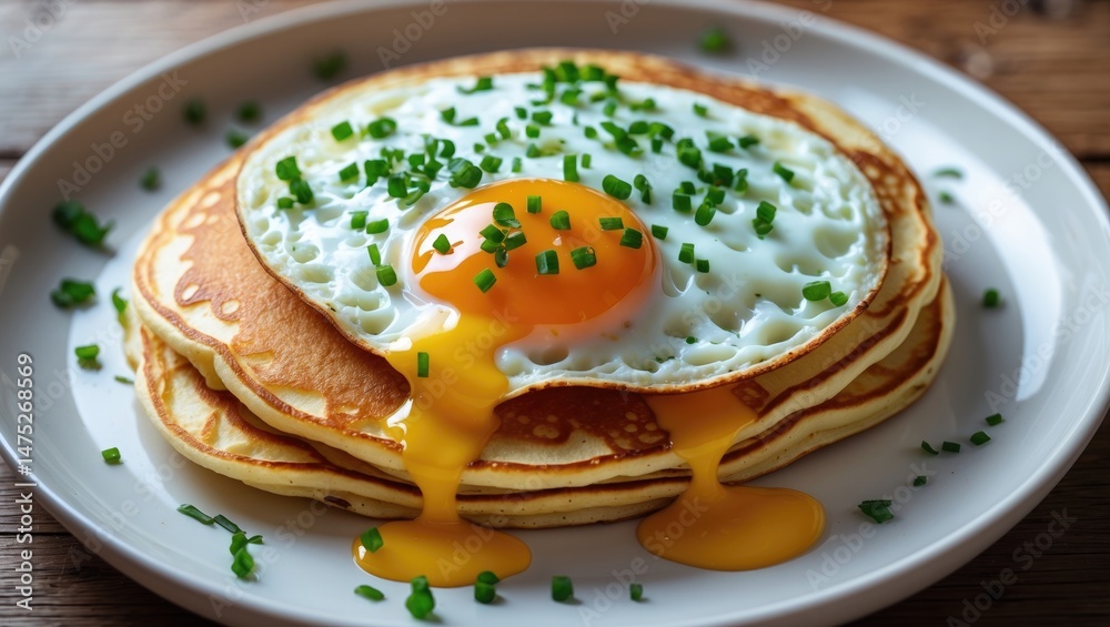 Fresh homemade pancakes with a runny egg on top, presented on a rustic table Fresh homemade pancakes with a runny egg on top, presented on a rustic table