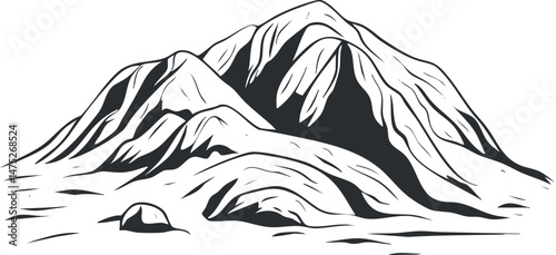 Black and white illustration of a mountain range with rocky peaks and rugged terrain