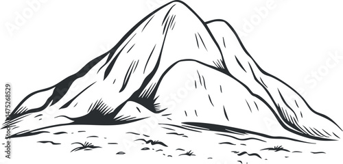Black and white line art of a rocky mountain landscape with hills and rugged terrain
