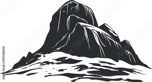 Black and white illustration of a rugged mountain peak with rocky terrain and steep cliffs