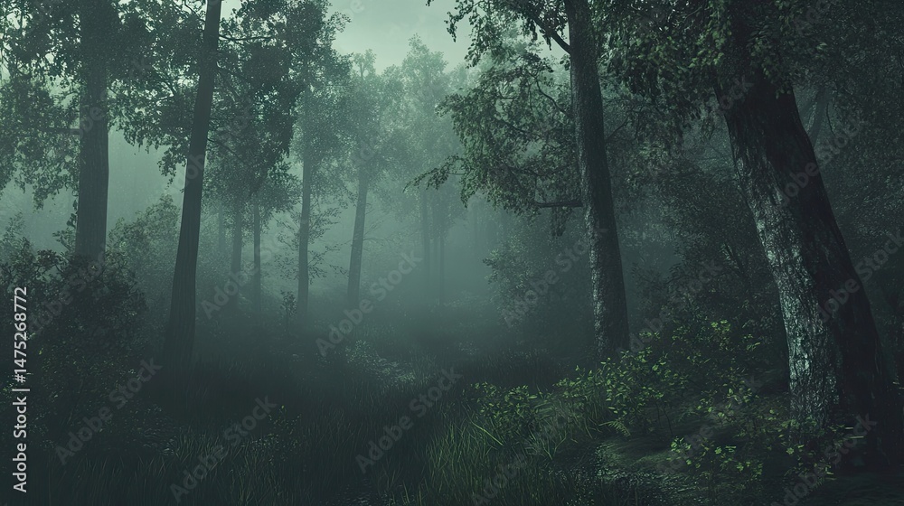 Fototapeta premium Misty, shadowy forest scene of dense trees.