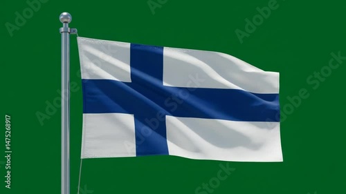 フィンランド旗 青白鮮やか 緑背景 風になびく