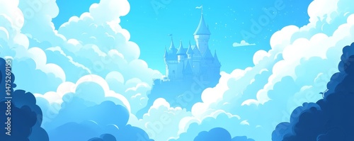 In the clouds, a magical castle with towering spires that rise to the sky is the subject of a modern, flat, and minimalist artwork presented as an isolated illustration