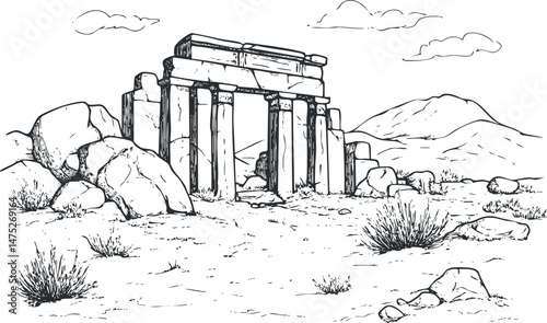Black and white sketch of ancient stone ruins with columns in a desert landscape with mountains and bushes