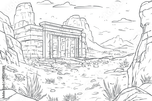 Black and white line drawing of an ancient temple ruin in a rocky desert landscape with mountains in the background