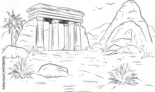 Ancient ruined temple with columns in a desert landscape surrounded by rocks and mountains