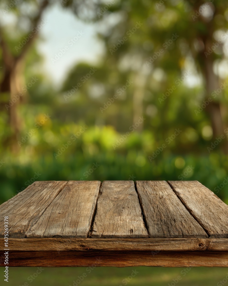 Rustic wooden table top in outdoor garden setting with blurred green background for product display or food presentation Rustic wooden table top in outdoor garden setting with blurred green background for product display or food presentation